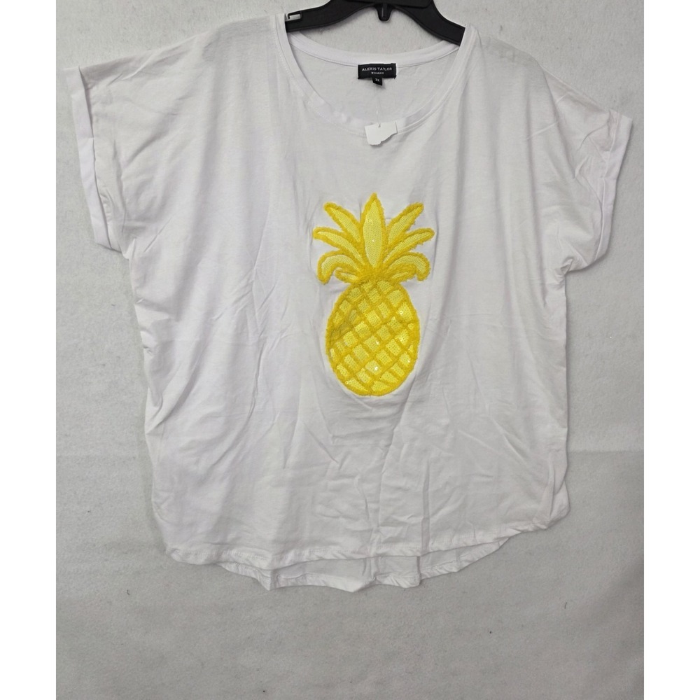 Alexis‎ Taylor WhiteWomens Shirt Crew Neck 3DSequin Chenelle Pineapple 3X Cruise - Picture 2 of 8
